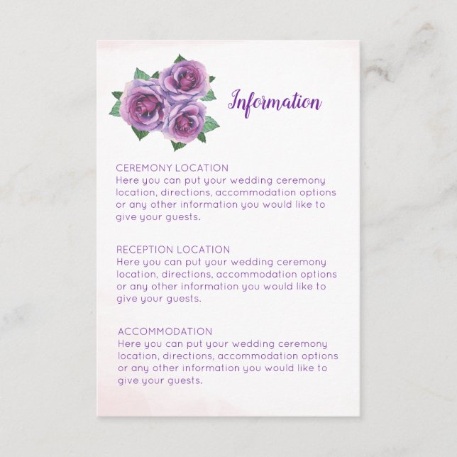 Purple Rose Bouquet Wedding Information Cards (Front)