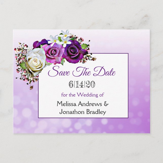 Purple Rose Bouquet Wedding Save the Date Announcement Postcard (Front)