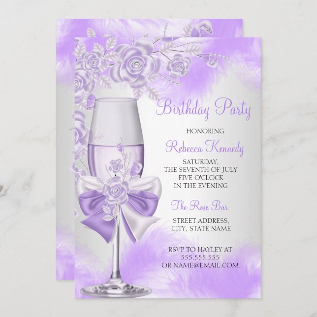 Purple Rose Champagne White Floral Party Invitation (Front/Back)