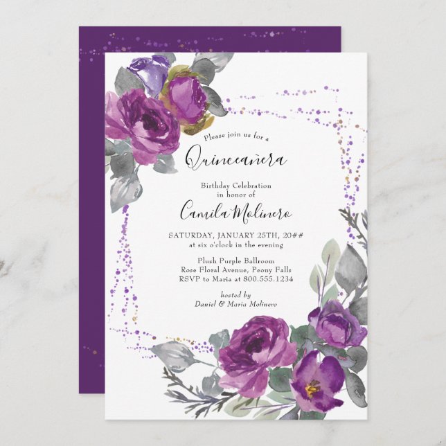 Purple Rose Confetti Frame Floral Quinceanera  Invitation (Front/Back)