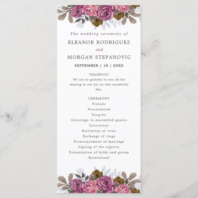 Purple rose coral pink floral wedding ceremony program (Front)