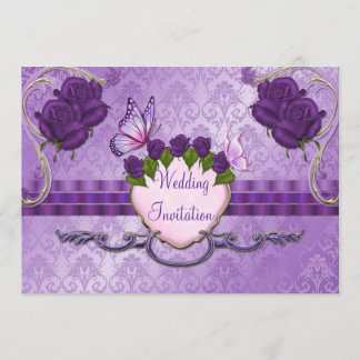 Purple Rose Damask Wedding Invitation