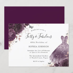 Purple Rose Dress 40th Birthday Forty & fabulous Invitation
