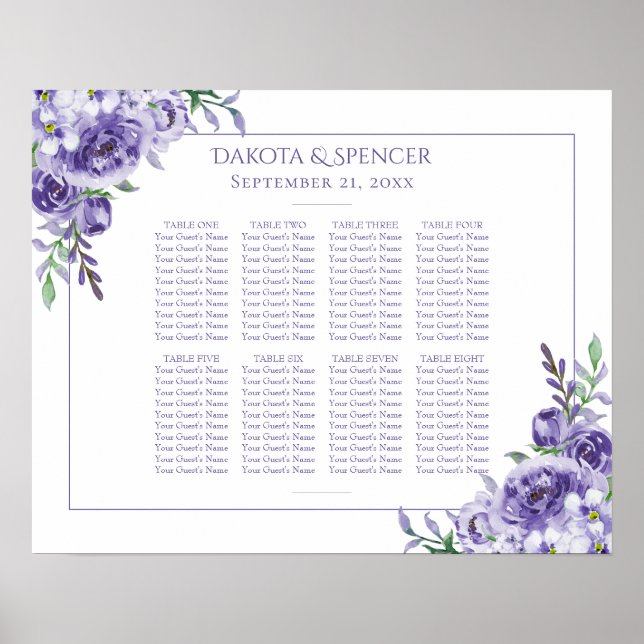 Purple Rose | Elegant Boho Floral 10 Seat Chart (Front)