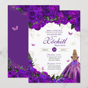 Purple Rose Elegant Floral & Butterfly Quinceañera Invitation