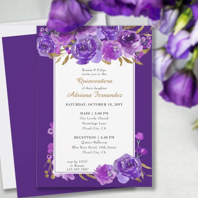 Purple Rose Elegant Gold Leaf Quinceanera and Mass Invitation (Creator Uploaded)
