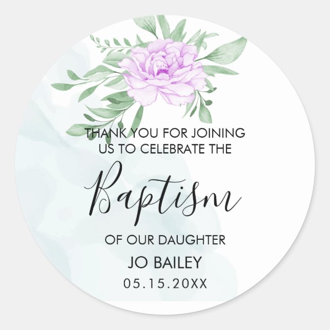 Purple Rose Eucalyptus Leaves Baptism Thank you Classic Round Sticker (Front)