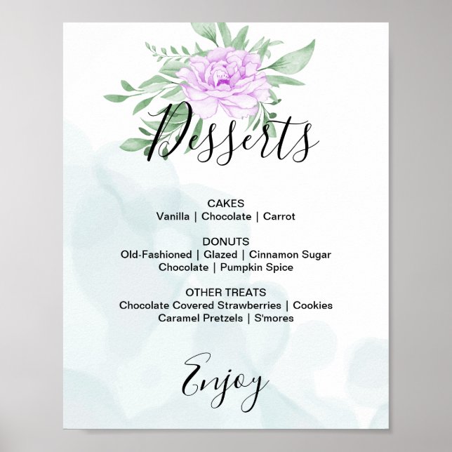 Purple Rose Eucalyptus Wedding Dessert Menu Sing Poster (Front)