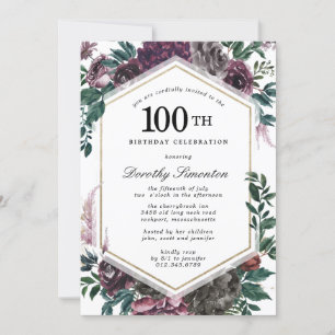 Purple Rose Floral 100th Birthday Party Invitation