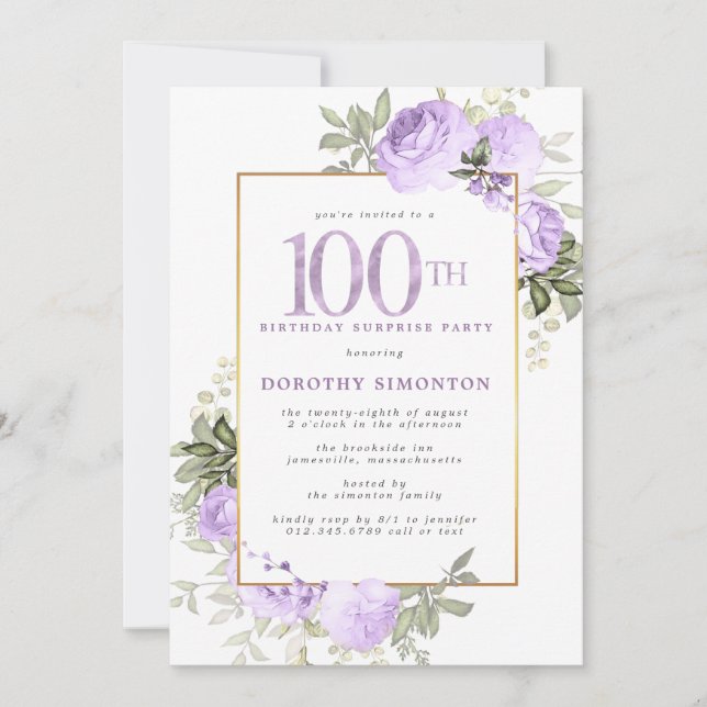 Purple Rose Floral 100th Birthday Surprise Party Invitation (Front)