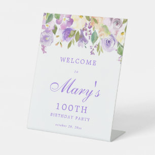 Purple Rose Floral 100th Birthday Welcome Pedestal Sign