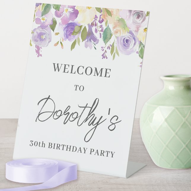 Purple Rose Floral 40th Birthday Welcome Pedestal Sign (There are lots more matching party supplies. Message me if you need help finding them. )