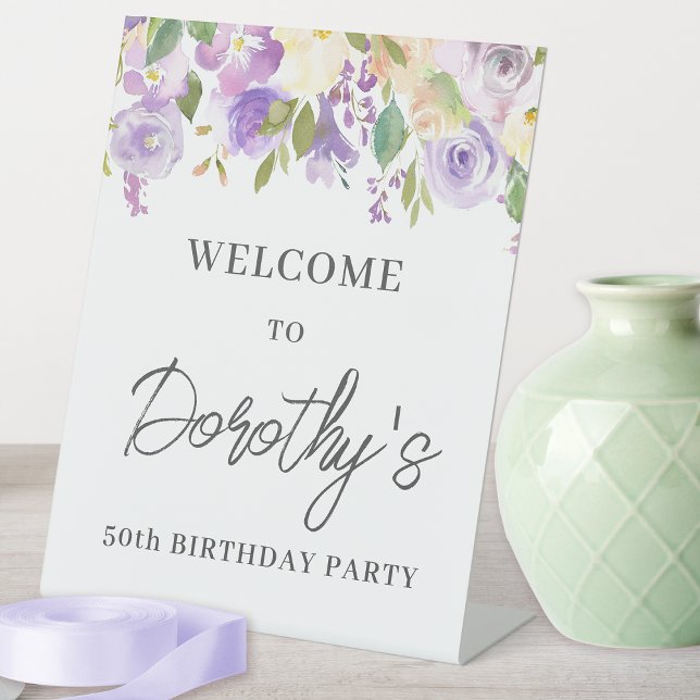 Purple Rose Floral 50th Birthday Welcome Pedestal Sign (Need more matching party supplies? paper cups and plates, napkins. Message me for help finding them)