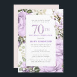 Purple Rose Floral 70th Birthday Party Invitation<br><div class="desc">Honour a special woman with this elegant and feminine 70th Birthday party invitation. 70th is written in large purple text. Birthday celebration follows. The honoured guest's name is also in purple capital letters. The remainder of the text is soft dove grey. The birthday celebration details are surrounded by a chic...</div>