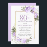 Purple Rose Floral 80th Birthday Party Invita Invitation<br><div class="desc">Honour a special woman with this elegant and feminine 80th Birthday party invitation. 80th is written in large purple text. Birthday celebration follows. The honoured guest's name is also in purple capital letters. The remainder of the text is soft dove grey. The 80th birthday celebration details are surrounded by a...</div>