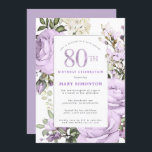 Purple Rose Floral 80th Birthday Party Invitation<br><div class="desc">Honour a special woman with this elegant and feminine 80th Birthday party invitation. 80th is written in large purple text. Birthday celebration follows. The honoured guest's name is also in pink capital letters. The remainder of the text is soft dove grey. The 80th birthday celebration details are surrounded by a...</div>