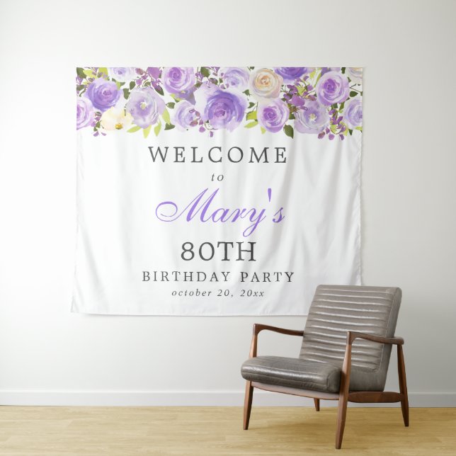 Purple Rose Floral 80th Birthday Party Tapestry (In Situ (Horizontal))