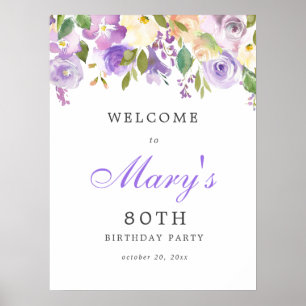 Purple Rose Floral 80th Birthday Welcome Sign