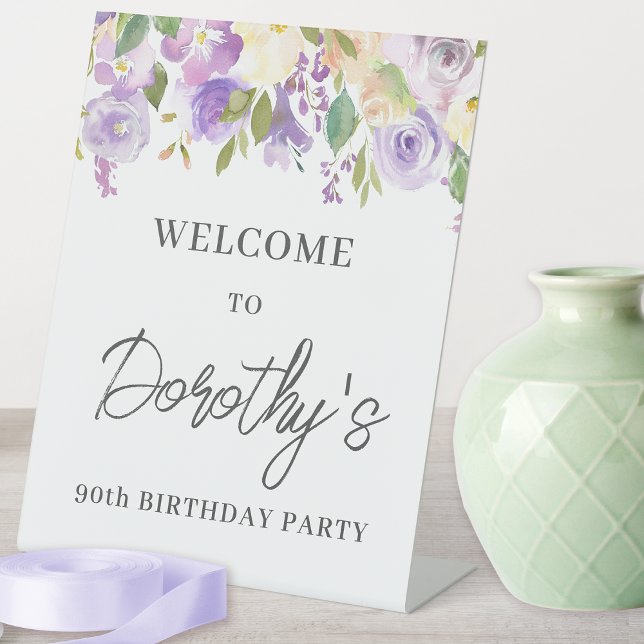 Purple Rose Floral 90th Birthday Welcome Pedestal Sign (Need more party supplies? Message me for help finding matching paper plates, napkins, balloons etc.)