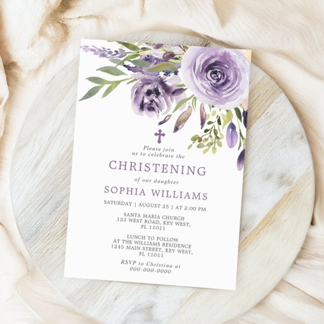 Purple Rose Floral Christening Invitation (Creator Uploaded)