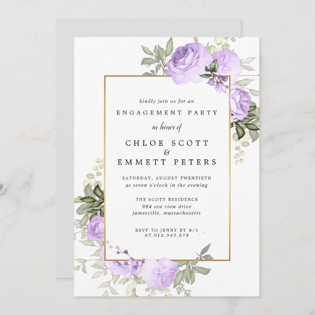 Purple Rose Floral Engagement Party Invitation (Front/Back)