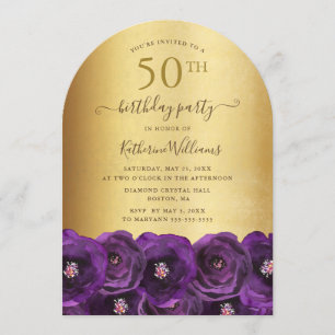 Purple Rose Floral Gold 50th Birthday Party Invitation
