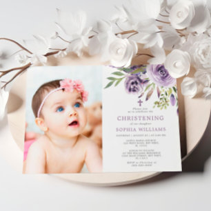 Purple Rose Floral Photo Girl Christening Invitation