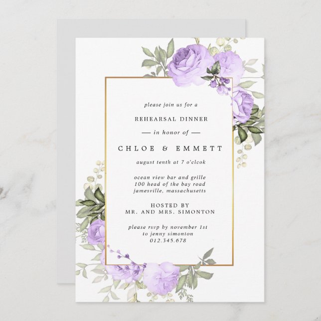 Purple Rose Floral Rehearsal Dinner Invitation (Front/Back)
