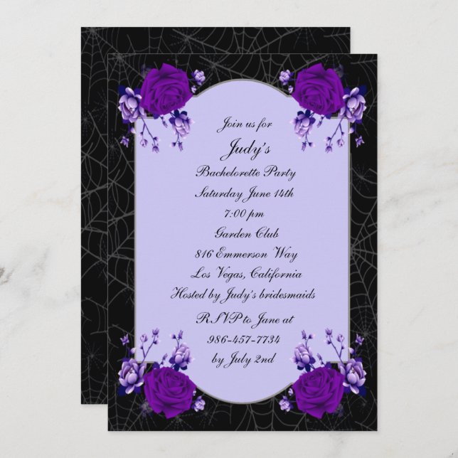 Purple Rose Floral Spiderweb Bachelorette Party Invitation (Front/Back)