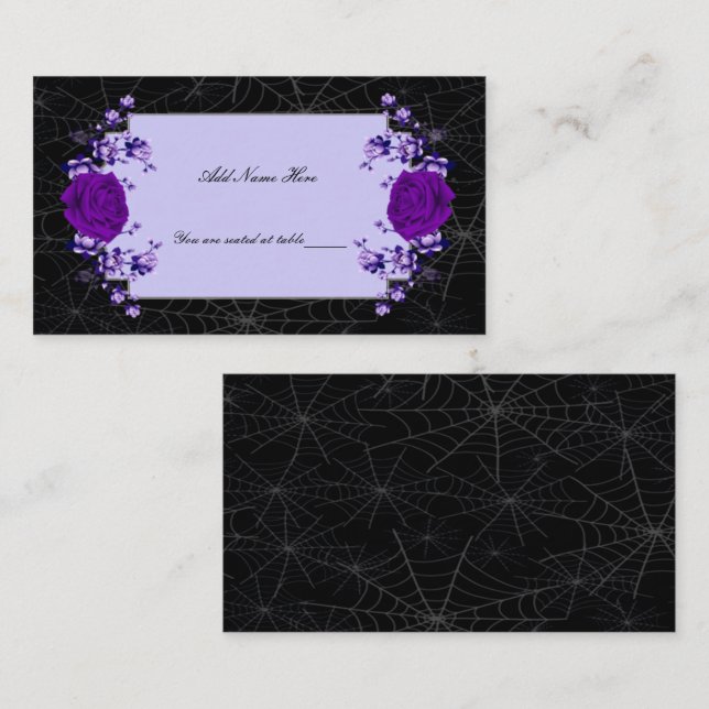 Purple Rose Floral Spiderweb Fall Wedding Table Place Card (Front/Back)
