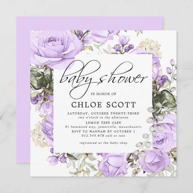 Purple Rose Floral Square Baby Shower Invitation (Front/Back)