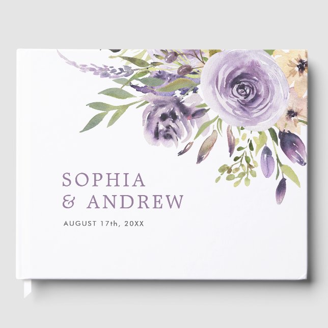 Purple Rose Floral Wedding Guest Book (Front)