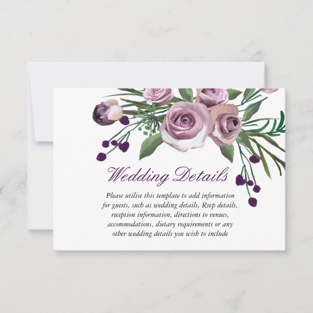 Purple Rose Floral Wedding Reception details Invitation (Front)