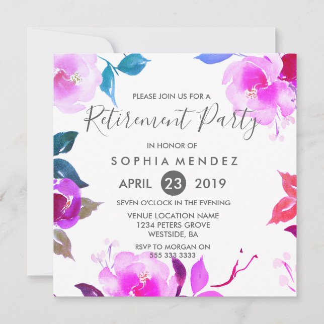 Purple Rose Floral Womans Retirement Party Invite (Front)