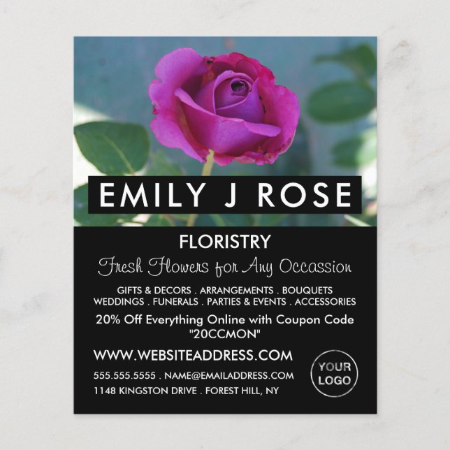 Purple Rose, Florist, Floristry Advertising Flyer (Front)