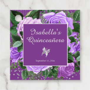 Purple Rose Flowers Silver Butterfly Quinceañera   Favour Tags