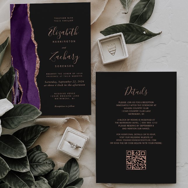 Purple Rose Gold Agate Dark QR Code Wedding Invitation (Creator Uploaded)