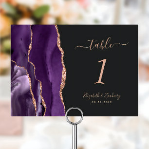 Purple Rose Gold Agate Dark Wedding Table Number