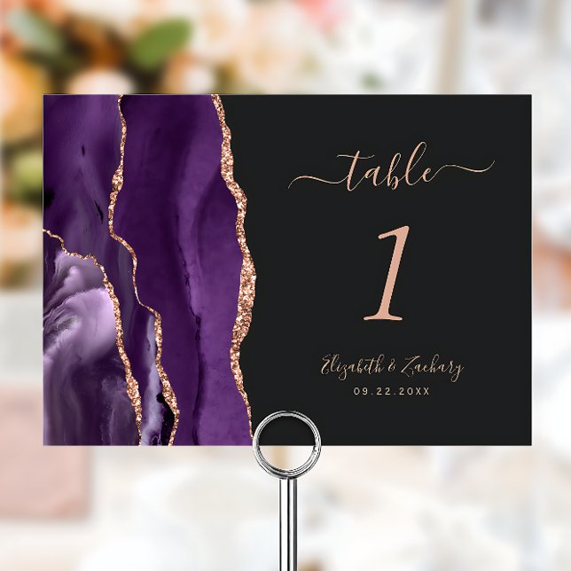 Purple Rose Gold Agate Dark Wedding Table Number (Creator Uploaded)