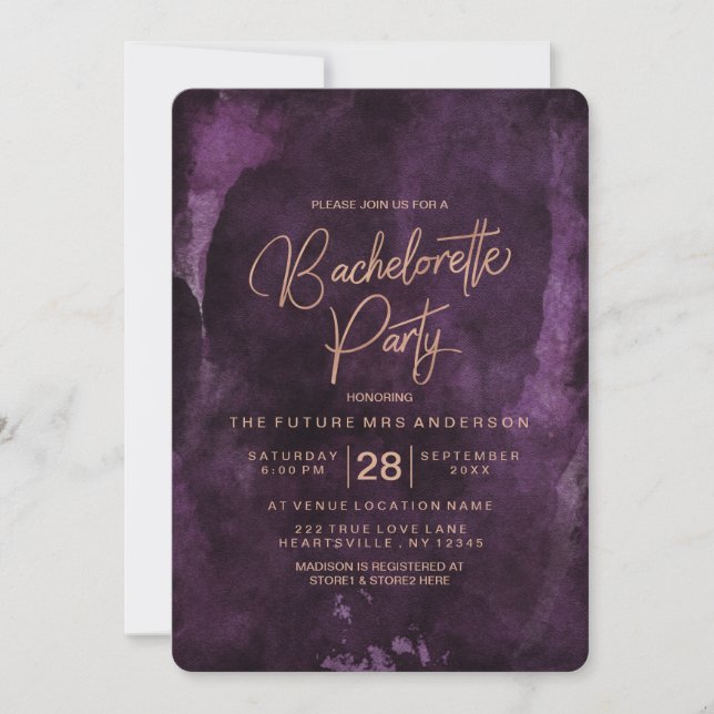 Purple & Rose Gold Bachelorette Party Invitation (Front)