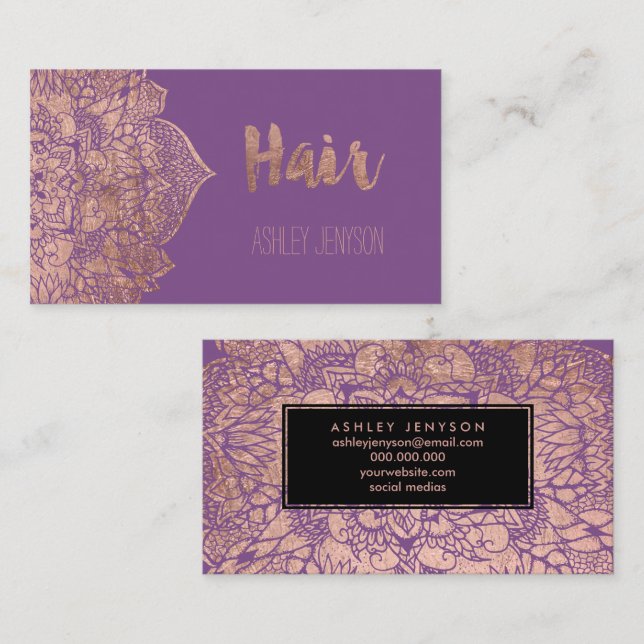 Purple rose gold boho mandala hair typography business card (Front/Back)