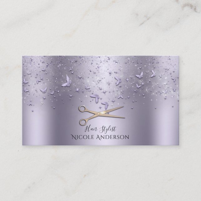 Purple Rose Gold Butterflies Scissors Stylist Business Card (Front)