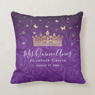 Purple Rose Gold Crown Quinceanera Mis Quince Anos Cushion