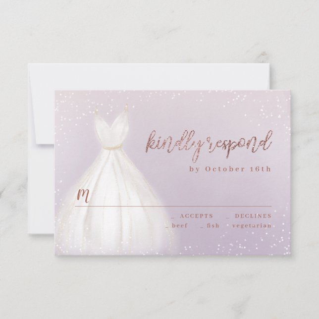 Purple Rose Gold Elegant Sparkle Dress RSVP Card (Front)