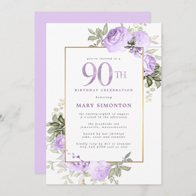 Purple Rose Gold Floral 90th Birthday Party Invitation (Front/Back)