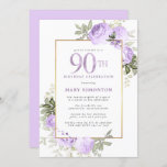 Purple Rose Gold Floral 90th Birthday Party Invitation<br><div class="desc">Honour a special woman with this elegant and feminine 90th Birthday party invitation. 90th is written in large purple text. Birthday celebration follows. The honoured guest's name is also in purple capital letters. The remainder of the text is soft dove grey. The 90th birthday celebration details are surrounded by a...</div>