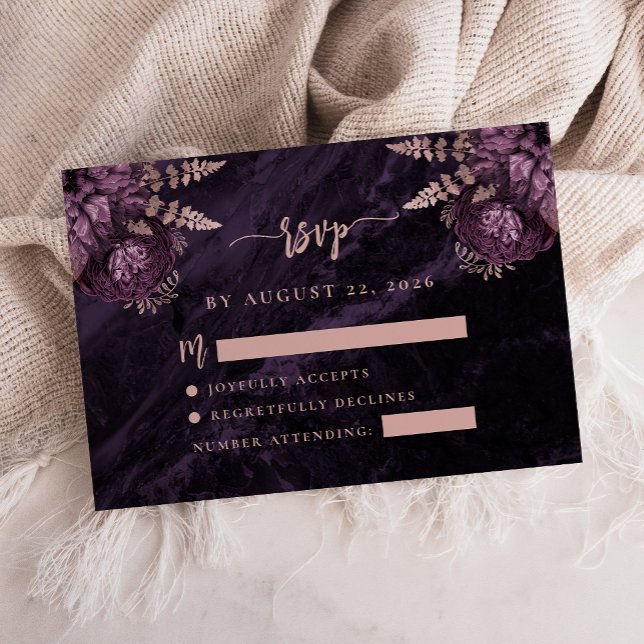 Purple Rose Gold Floral Agate Script Wedding RSVP Enclosure Card (Creator Uploaded)
