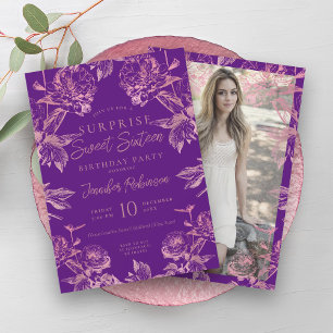 Purple Rose Gold Floral Photo SURPRISE Sweet 16 Invitation