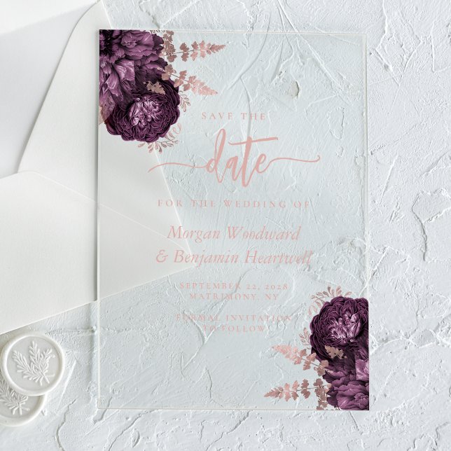 Purple Rose Gold Floral Wedding Save the Date Acrylic Invitations (Creator Uploaded)