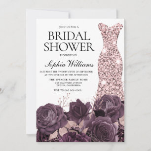 Purple & Rose Gold Flowers & Gown Bridal Shower Invitation